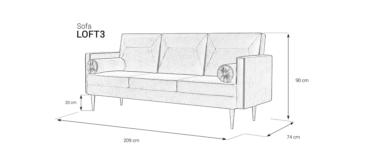 Sofa tapicerowana Loft 3 wymiary
